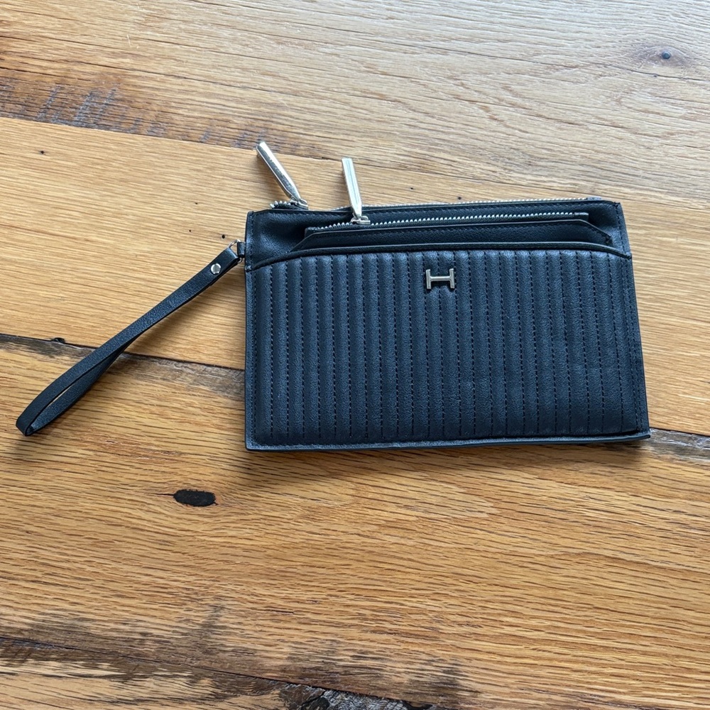Halston Black Quilted Wristlet with Silver Accents